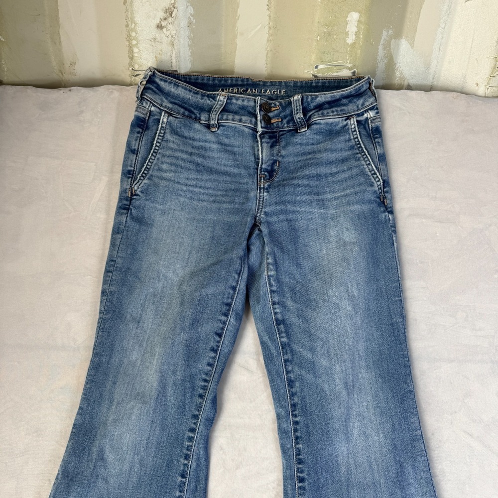 American Eagle Outfitters Womens Flared Jeans Blue Denim Super Low Rise Comfy 4 - Picture 3 of 16